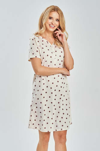 Cămașă de noapte damă 3529 Nita Taro – 100% bumbac cu buline, pentru alăptare | Decolteu V cu capse, până la genunchi