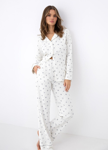 Pijamale damă Sensis Monroe cu nasturi, 100% bumbac interlock, model fulgi de zăpadă