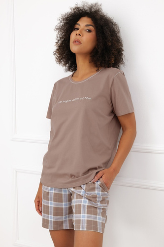 Pijamale damă Italian Fashion Delma 100% bumbac, în carouri, pantaloni scurți cu buzunare, culoare cappuccino