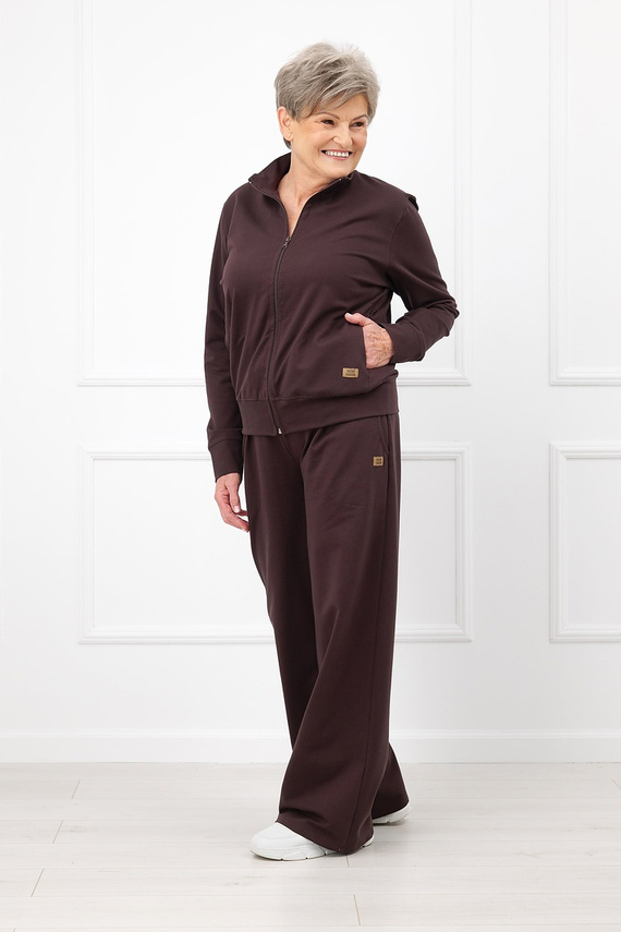 Bluza damă Credo Italian Fashion din bumbac, cu fermoar, guler tip tunică, buzunare - maro