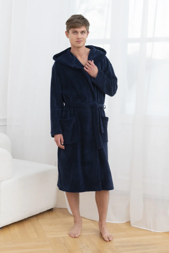 Mimas Halat de baie pentru bărbați cu glugă Italian Fashion - albastru marin