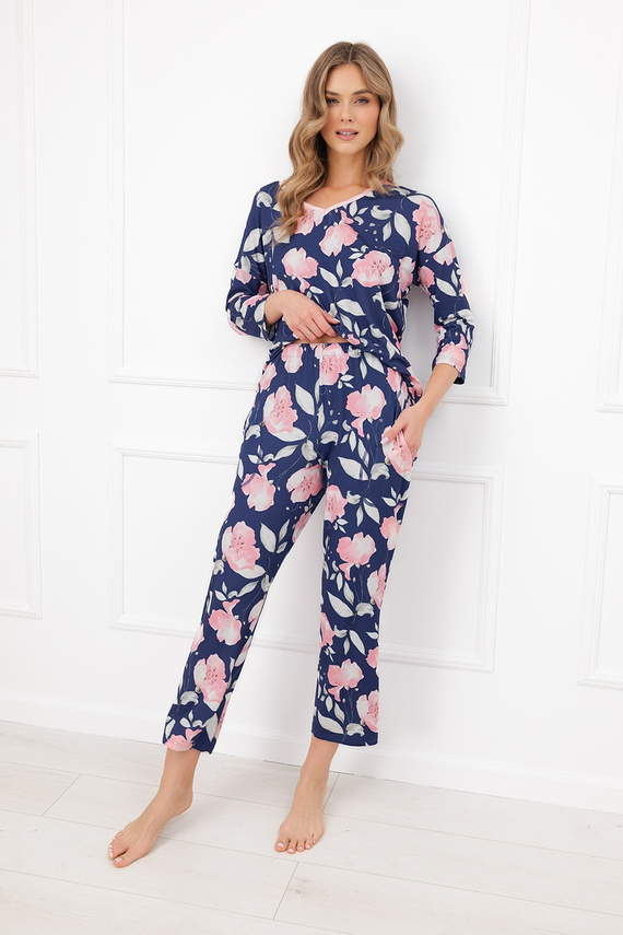 Pijamale damă Italian Fashion Entina bumbac, imprimeu floral, mânecă 3/4, pantaloni 7/8