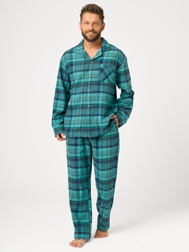 Pijamale bărbați Key MNS 048 verde din flanelă 100% bumbac, lungă cu nasturi