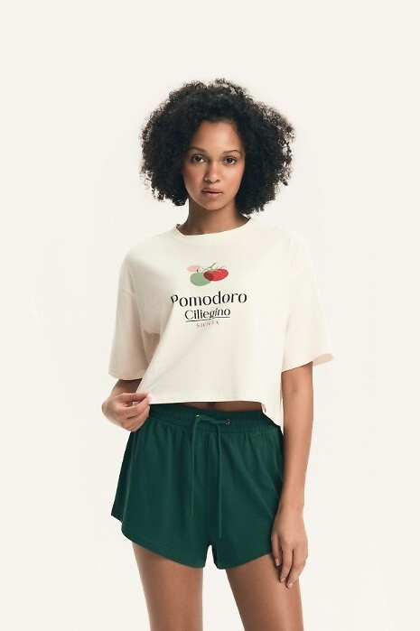 Pijama dama Henderson 43724 Dessie, 100% bumbac, print cu roșie, șorturi și mânecă scurtă