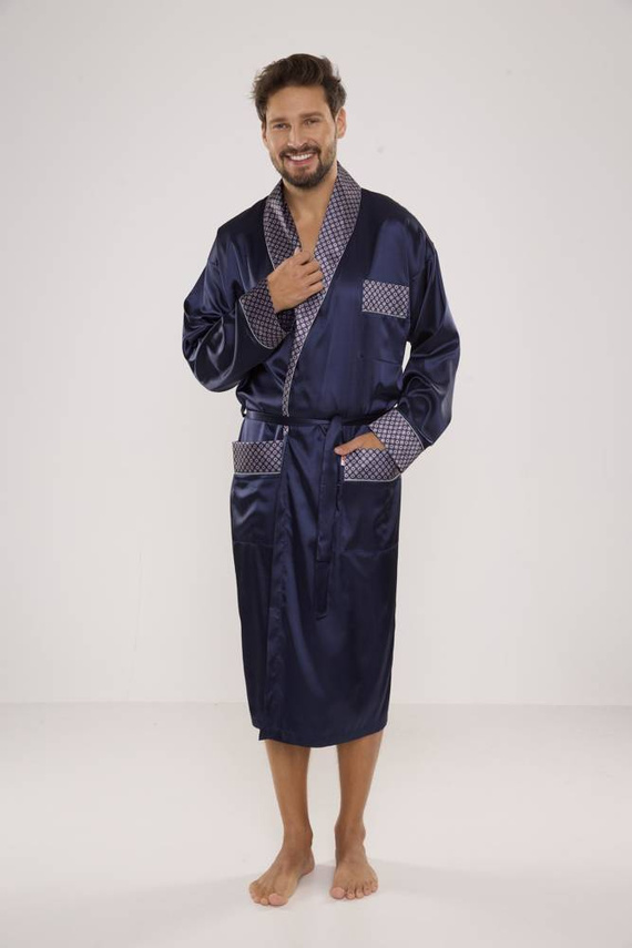 940 Forex halat de baie bărbătesc din satin - albastru marin