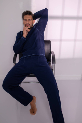 Salomon Pijama cu mânecă lungă pentru bărbați, pantaloni lungi Italian Fashion - albastru marin / albastru