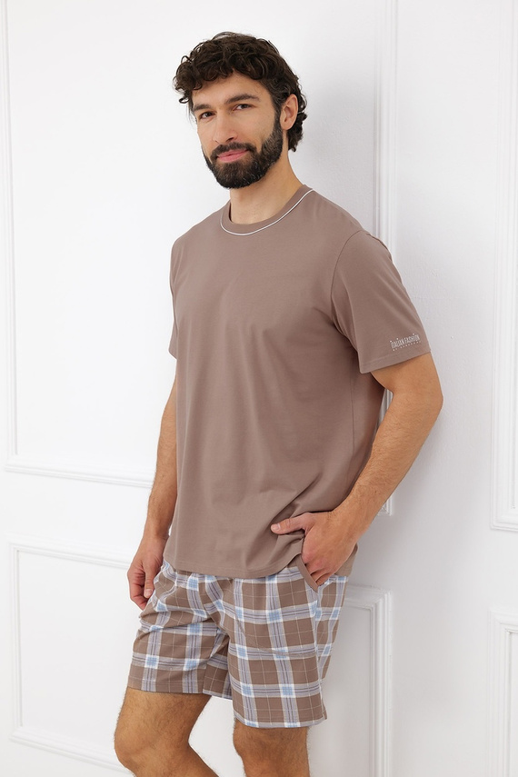 Pijamale bărbați Italian Fashion Dante bumbac scurt pantaloni scurți în carouri cu buzunare cappuccino