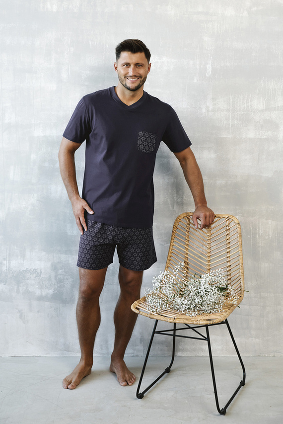 Diaz Pijama cu mânecă scurtă pentru bărbați, pantaloni scurți Italian Fashion - albastru marin/print