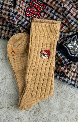 YN5041 Șosete calde pentru femei Magnetis 445 bej - cu nervuri și broderie cu ursuleți de pluș