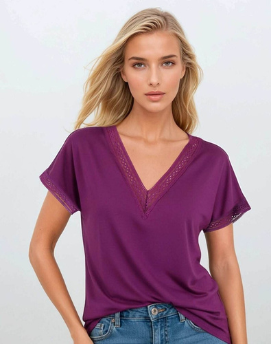 Bluză elegantă damă Flaviana | Decolteu V, bandă ajurată, vâscoză elastică | Croi lejer casual