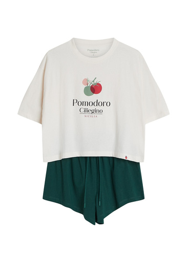 Pijama dama Henderson 43724 Dessie, 100% bumbac, print cu roșie, șorturi și mânecă scurtă