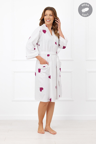 Italian Fashion Kioga halat de damă Mega Soft ecru cu inimioare, mânecă 3/4