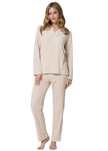 Leveza Dafne 1817 Pijamale damă din velur, lungi, set homewear bej