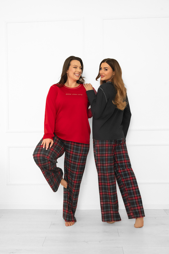 Pijama pentru femei Italian Fashion din bumbac melange închis, cu mânecă lungă și pantaloni, în carouri 