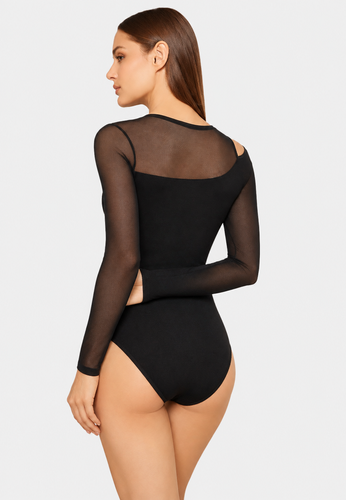 Body damă Teyli 2458 negru din vâscoză, cu mânecă lungă și tulle
