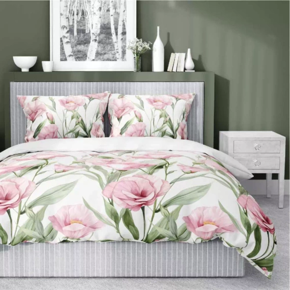 5328 B Lenjerie de pat din satin Flori roz mari pe fond alb Detexpol