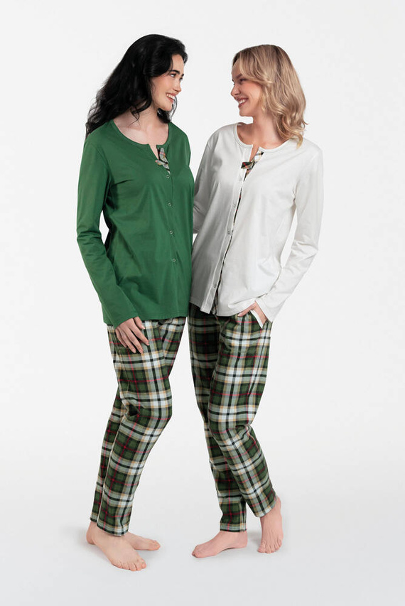 Asama Pijama de damă descheiată cu mânecă lungă, pantaloni lungi Italian Fashion - ecru/print