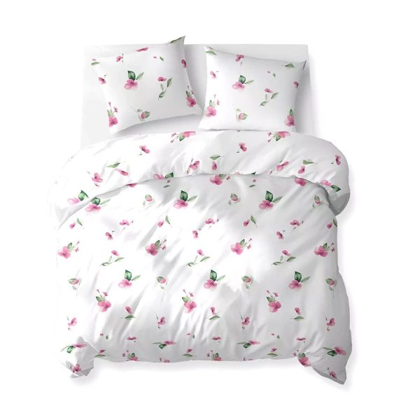 Set de lenjerie de pat 5769 A Cotton Bloom Detexpol din bumbac, alb cu flori roz și frunze verzi – 100% bumbac, față-verso, producție poloneză