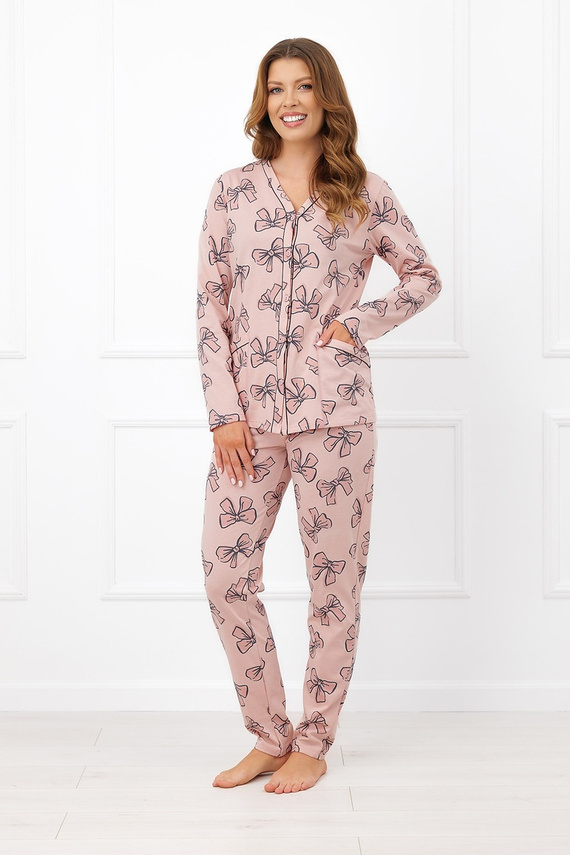 Italian Fashion Izabell pijama damă din bumbac, lungă, cu nasturi și fundițe