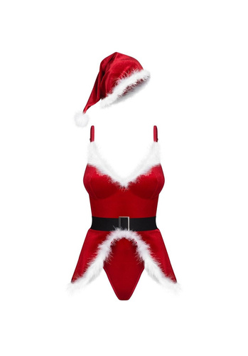 Obsessive Hot Santa Costum roșu Moș Crăciun body cu curea și căciulă
