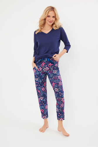 Folk Pijama de damă mâneci 3/4, pantaloni 7/8 Modă italiană - albastru marin/print