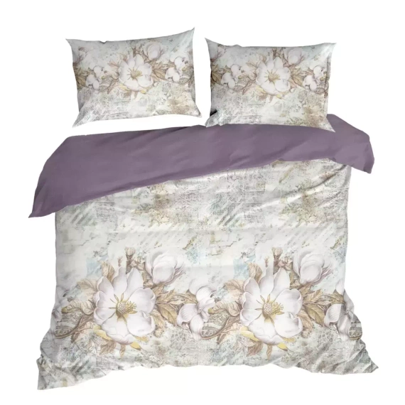 Spring 26 Flowers lenjerie de pat satin Euro perdele crem/violet