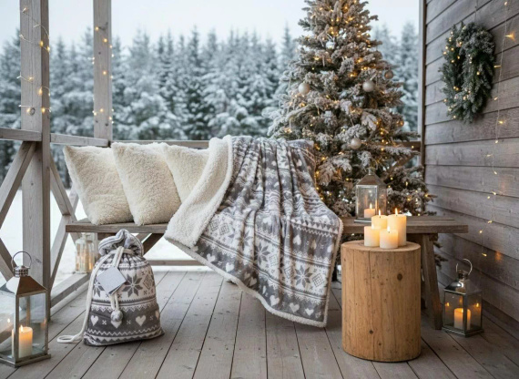 Pătură de Crăciun SACO, gri – moale și călduroasă cu model norvegian de fulgi de nea, într-o pungă decorativă