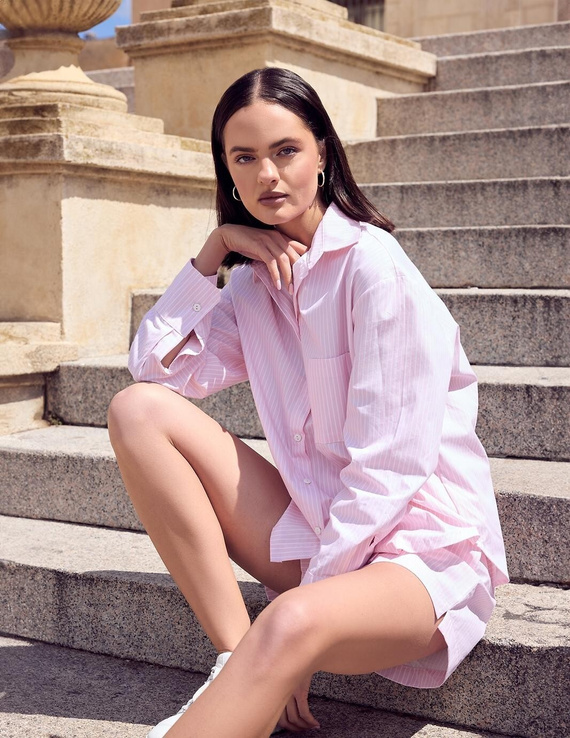 Pijama damă Sensis Bellina roz din bumbac cu nasturi și buzunare