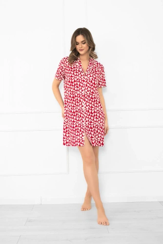 Ksenia – cămașă de noapte damă din bumbac cu inimioare albe, mânecă scurtă, cu nasturi | Italian Fashion