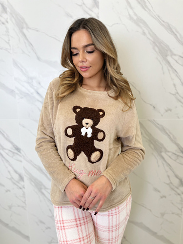Pijamale de dama Madlen Sorbetto, maro - fleece, cu broderie de ursuleti si pantaloni in carouri