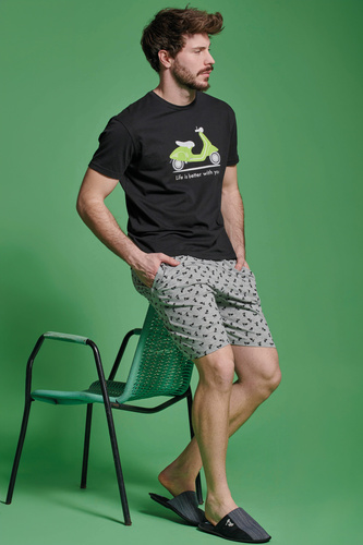 Kenny Pijama scurtă Sorbetto pentru bărbați - bumbac cu imprimeu scuter, negru