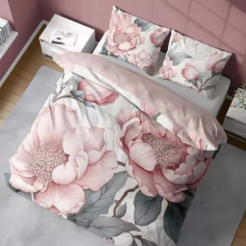 5428 Așternut 3D din microfibră cu bujori roz și frunze gri – Detexpol