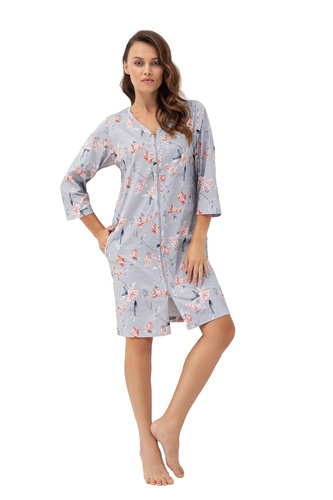 Luna 392 Halat de damă din bumbac 100% bumbac, flori, fermoar, buzunare, gri cu flori