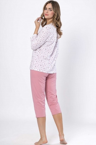 Pijamale de dama Dobrusia 1636 – bumbac roz, maneci 3/4, inchise cu nasturi