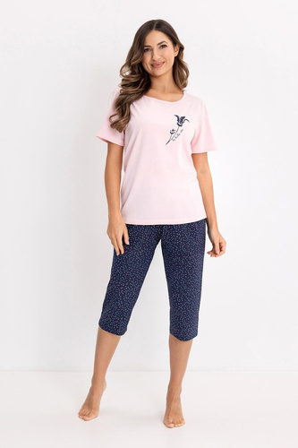 Pijama Damă Regina din 100% Bumbac – Tricou cu Mânecă Scurtă și Imprimeu, Pantaloni 3/4, Confort pentru Somn
