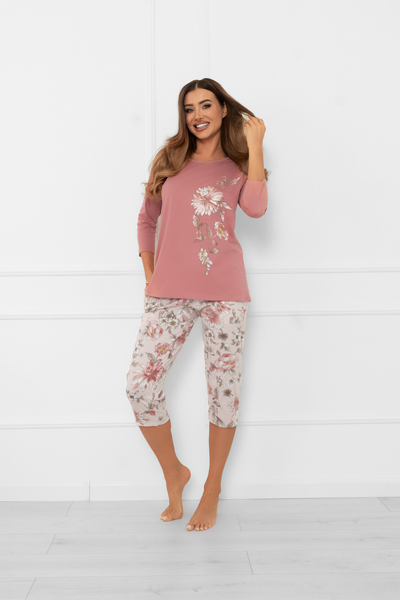 Pijama pentru femei Akita - bumbac, mâneci 3/4 și pantaloni 3/4, model floral Italian Fashion  