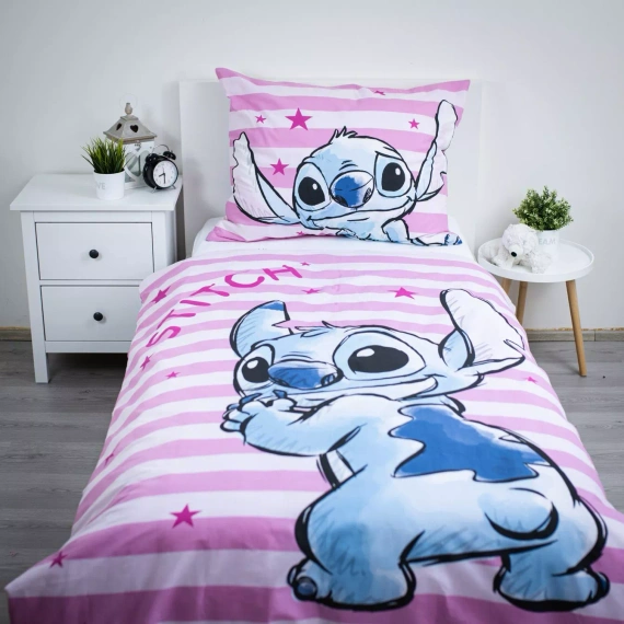 Poșetă de pat Lilo i Stitch JF24 140x200 roz cu stele 100% bumbac