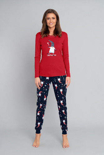 Pijama cu mânecă lungă și pantaloni lungi pentru femei Gnome Talian Fashion- roșu/print