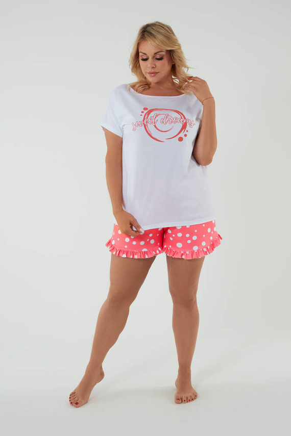 Pijama cu mânecă scurtă pentru femei Raba, pantaloni scurți Italian Fashion - alb/imprimat zmeură