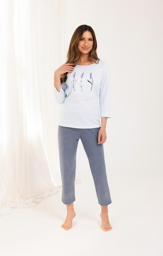 Pijamale 703 Regina bumbac albastru - dama, maneci 3/4, pantaloni 7/8, imprimeu cu plante