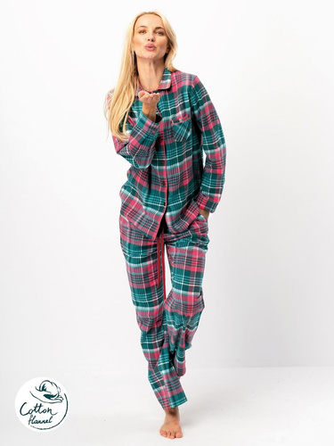 Key LNS 419 pijamale dama, verde - flanel bumbac, maneci lungi, nasturi