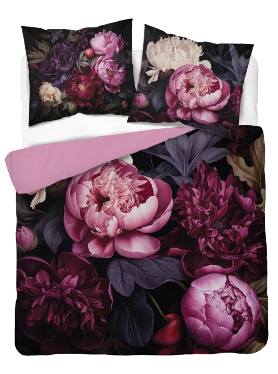 Set de lenjerie de pat 5129 A Holland Detexpol din bumbac, negru cu bujori în nuanțe de vișiniu și roz – 100% bumbac, față-verso, producție poloneză