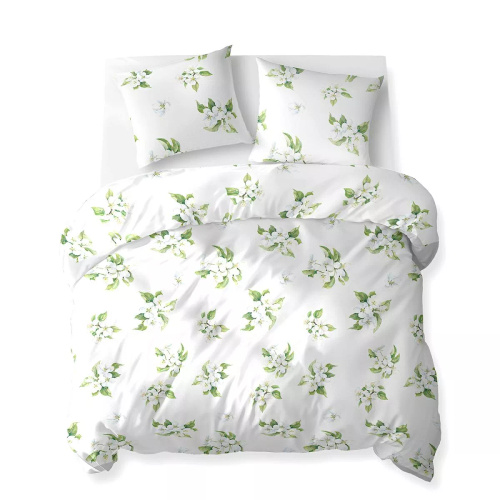 Set de lenjerie de pat 5766 B Cotton Bloom Detexpol din bumbac, alb cu flori albe și frunze verzi – 100% bumbac, față-verso, producție poloneză