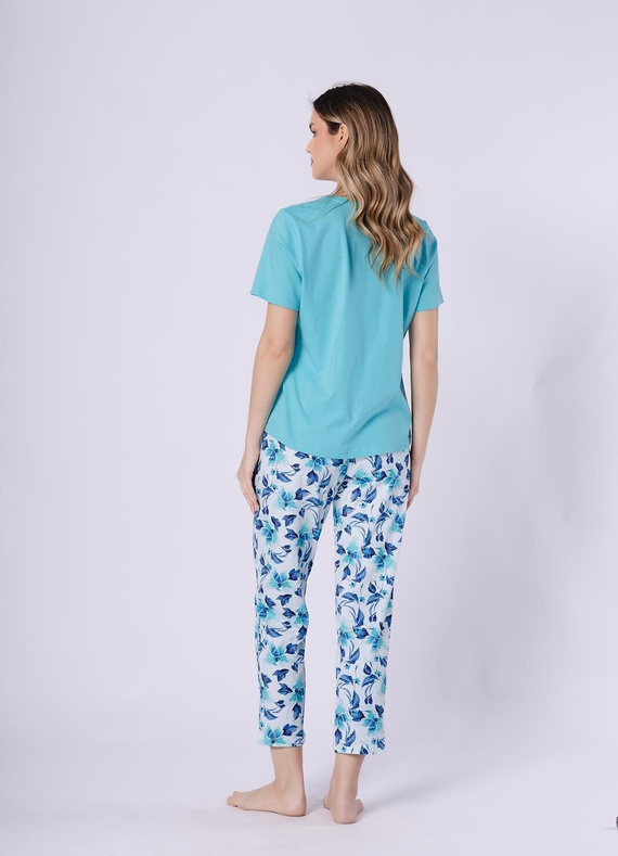 Pijama damă Leveza Jana 1741 turcoaz – bumbac 100%, pantaloni 7/8