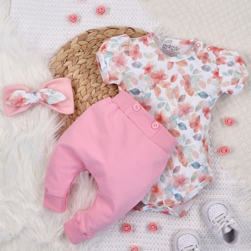 ABN-5426 Flori colorate Pantaloni de trening Nini din bumbac organic, roz