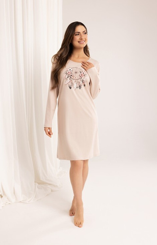 162 Cămașă de noapte din bumbac Regina, bej - mânecă lungă, imprimeu, deasupra genunchiului