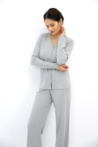 Sensis Alira pijama damă gri, lungă, cu nasturi, din material reiat