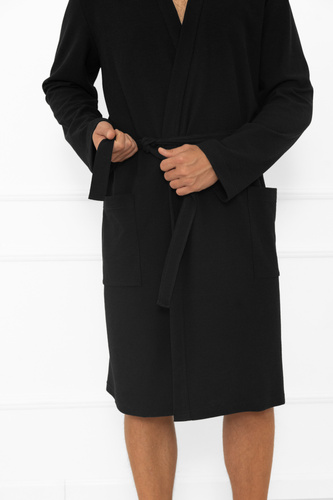 Bono halat de bărbați Italian Fashion negru - cu curea, model în relief, elegant și confortabil