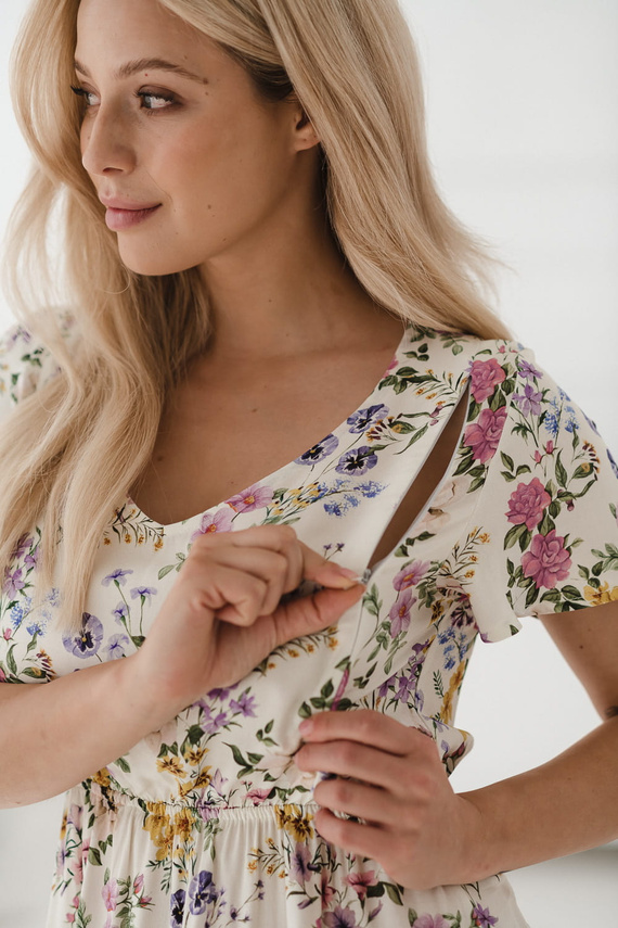 Lovely Dress Rochie de maternitate si alaptare, maneca scurta Milk&Love, crem cu flori