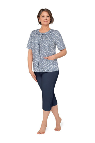 Pijamale damă Martel Maria I 200 cu nasturi, 100% bumbac, mânecă scurtă, albastru închis cu frunze 41